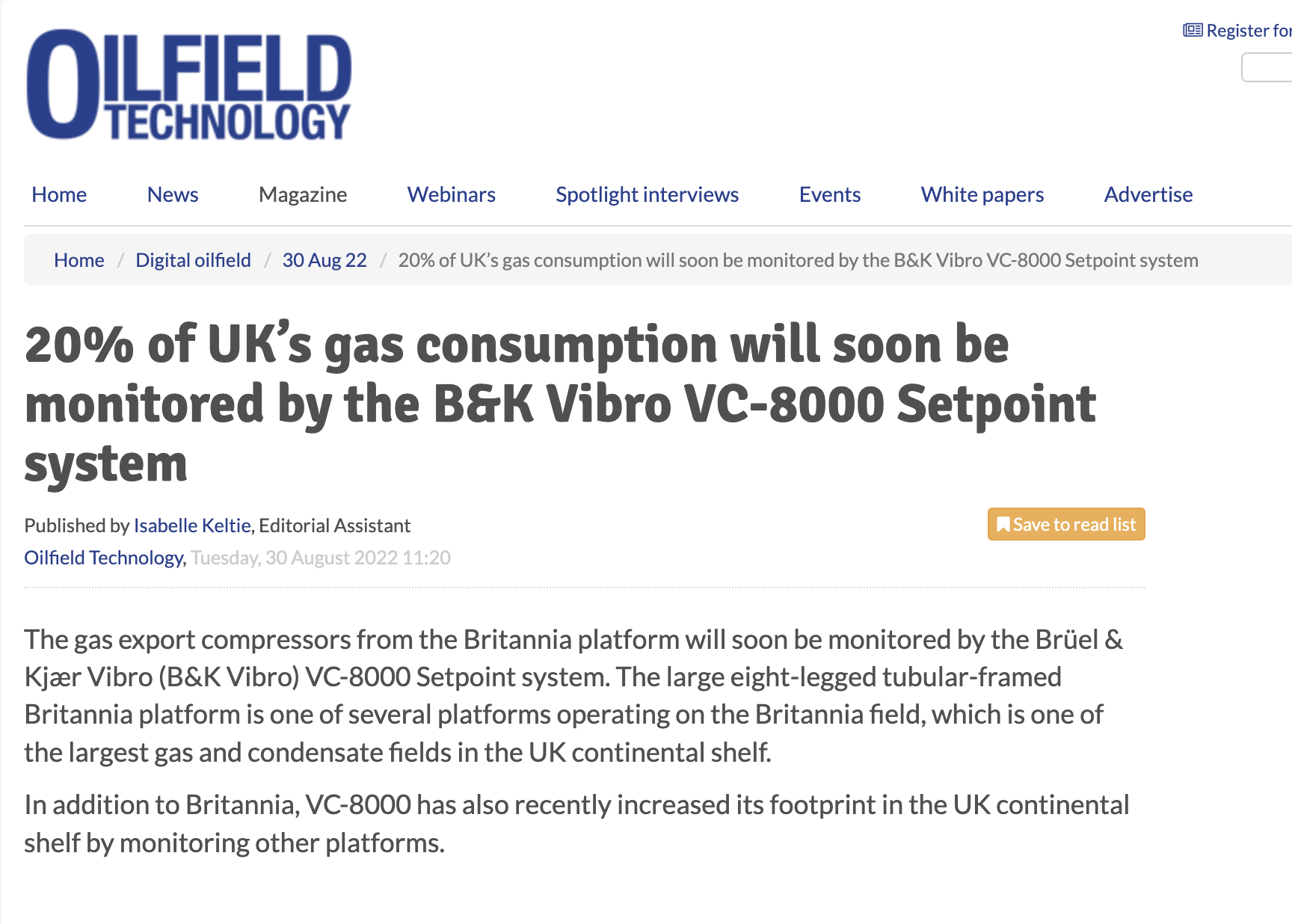 20% of UK’s offshore gas consumption will soon be monitored by the B&K Vibro VC-8000 Setpoint system